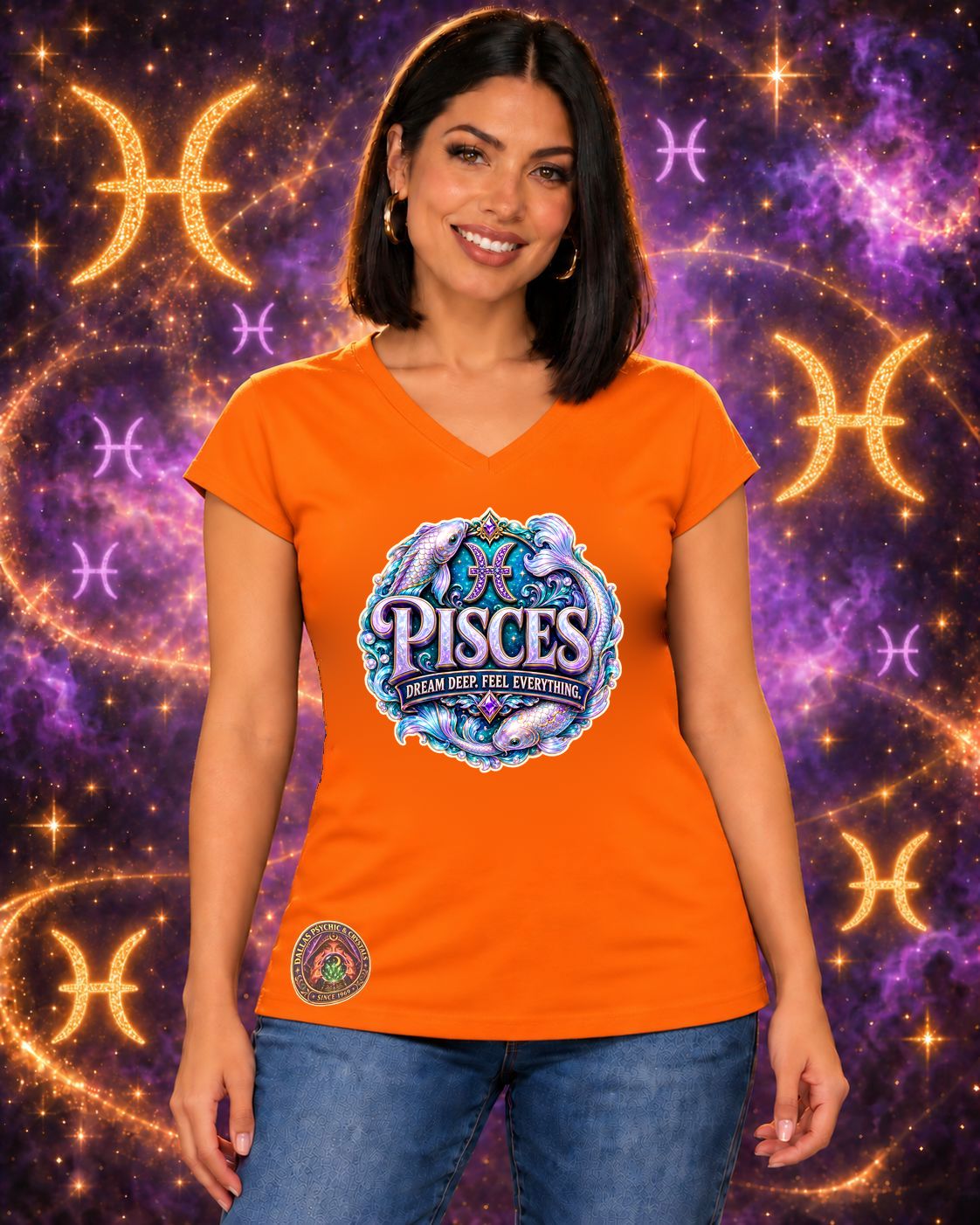 Orange Pisces zodiac women's V-neck T-shirt, front view with “Dream Deep. Feel Everything.” artwork; AI-generated preview.