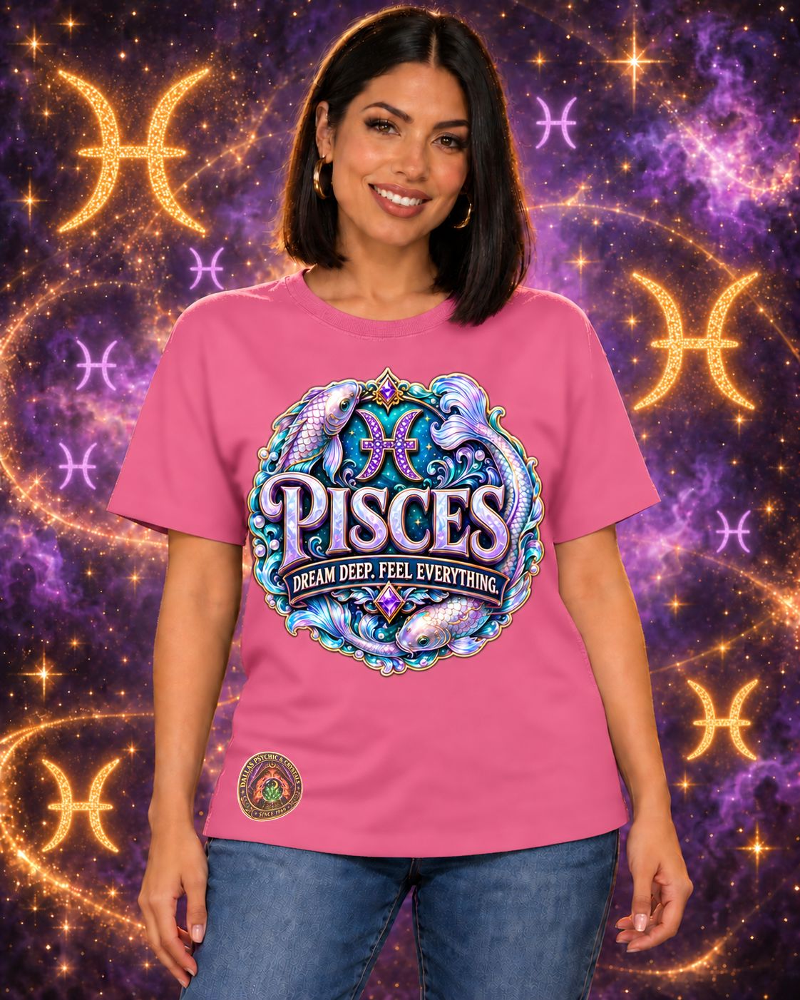 Pink Pisces zodiac crew-neck T-shirt, front view with “Dream Deep. Feel Everything.” artwork; AI-generated preview.