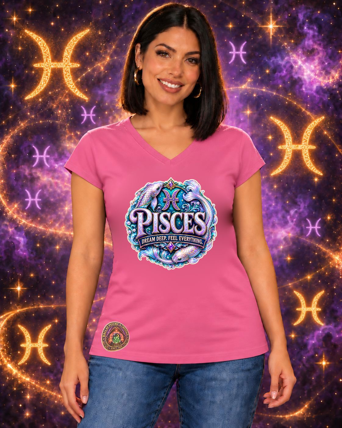 Pink Pisces zodiac women's V-neck T-shirt, front view with “Dream Deep. Feel Everything.” artwork; AI-generated preview.