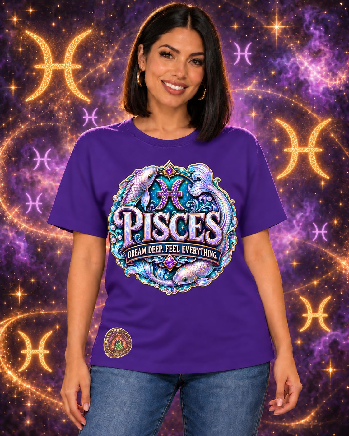 Purple Pisces zodiac crew-neck T-shirt, front view with “Dream Deep. Feel Everything.” artwork; AI-generated preview.