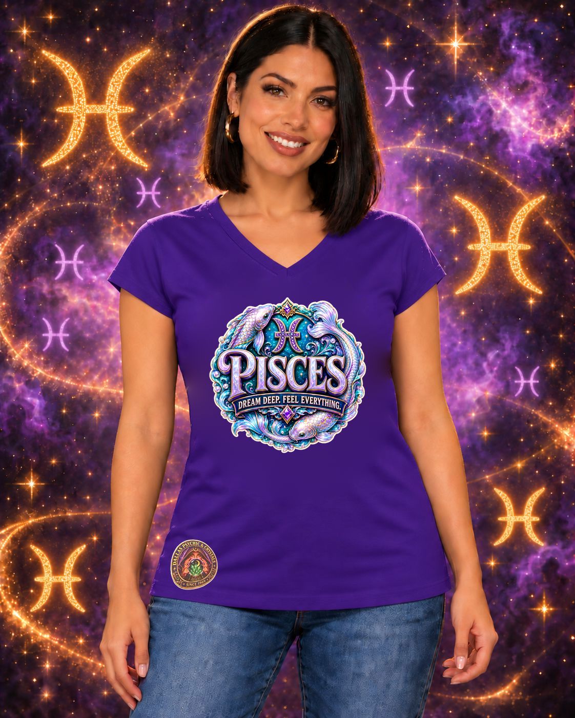 Purple Pisces zodiac women's V-neck T-shirt, front view with “Dream Deep. Feel Everything.” artwork; AI-generated preview.