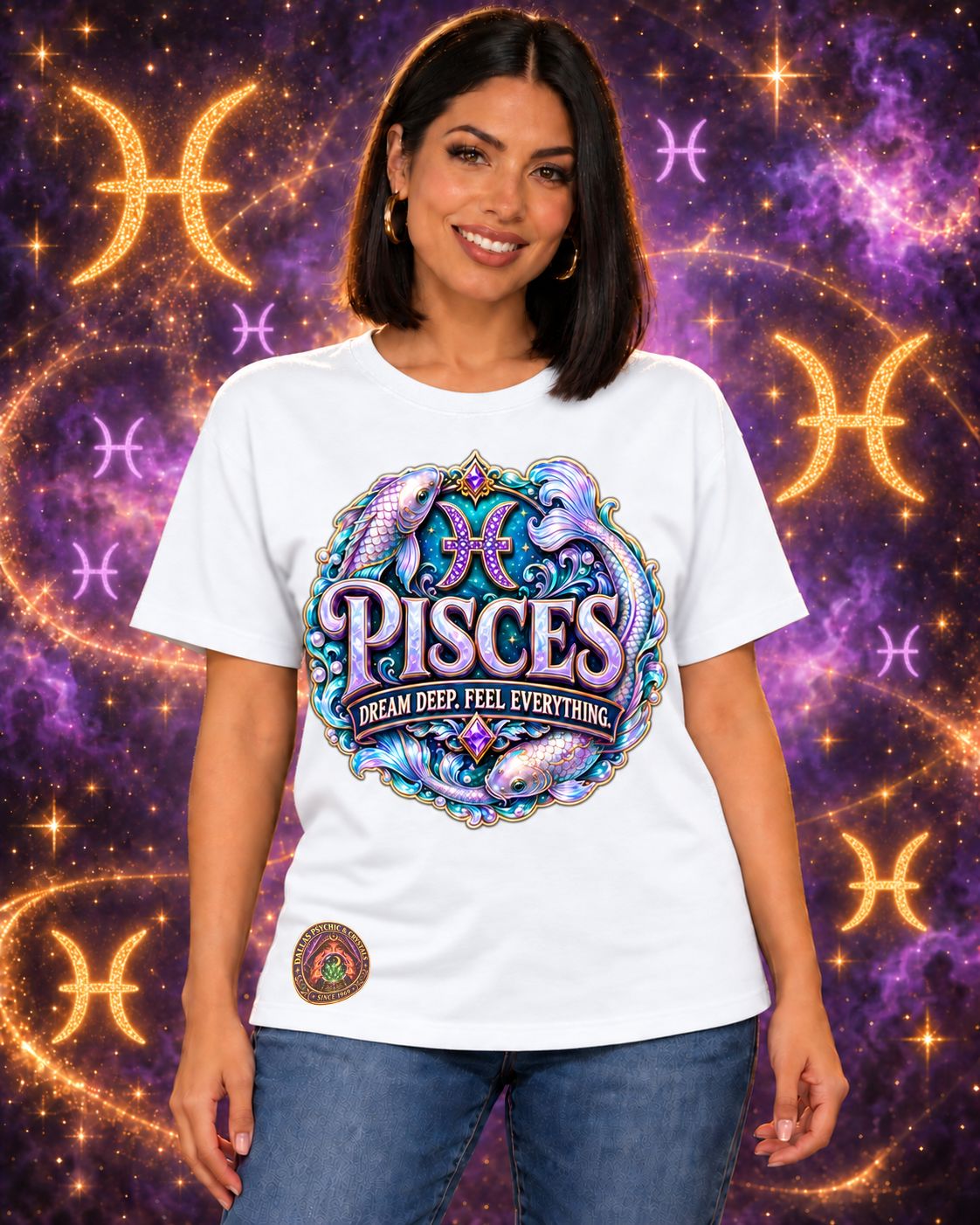 White Pisces zodiac crew-neck T-shirt, front view with “Dream Deep. Feel Everything.” artwork; AI-generated preview.