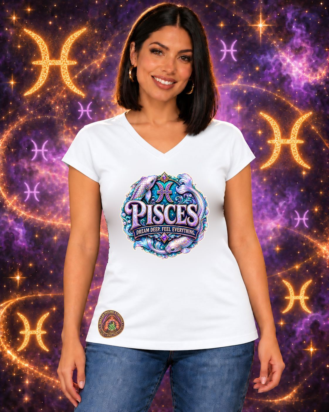 White Pisces zodiac women's V-neck T-shirt, front view with “Dream Deep. Feel Everything.” artwork; AI-generated preview.