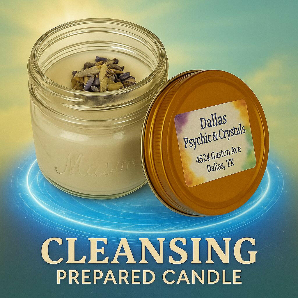 White Cleansing Prepared Candle in mason jar from Dallas Psychic & Crystals with dried lavender and sacred herbs, used for spiritual purification, energy clearing, and ritual work.