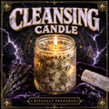 Prepared cleansing candle in white wax, dressed with herbs and oils for clearing and purification work.