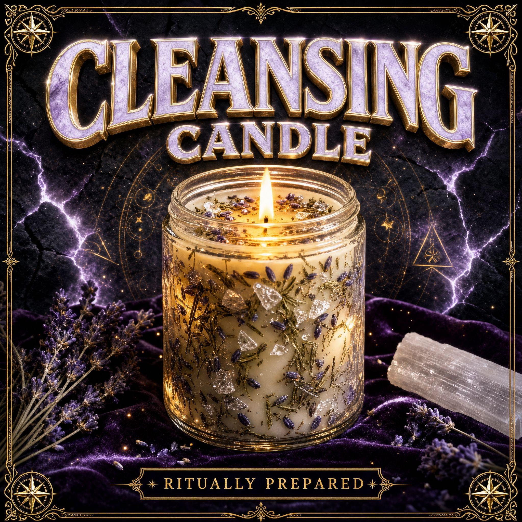 Prepared cleansing candle in white wax, dressed with herbs and oils for clearing and purification work.