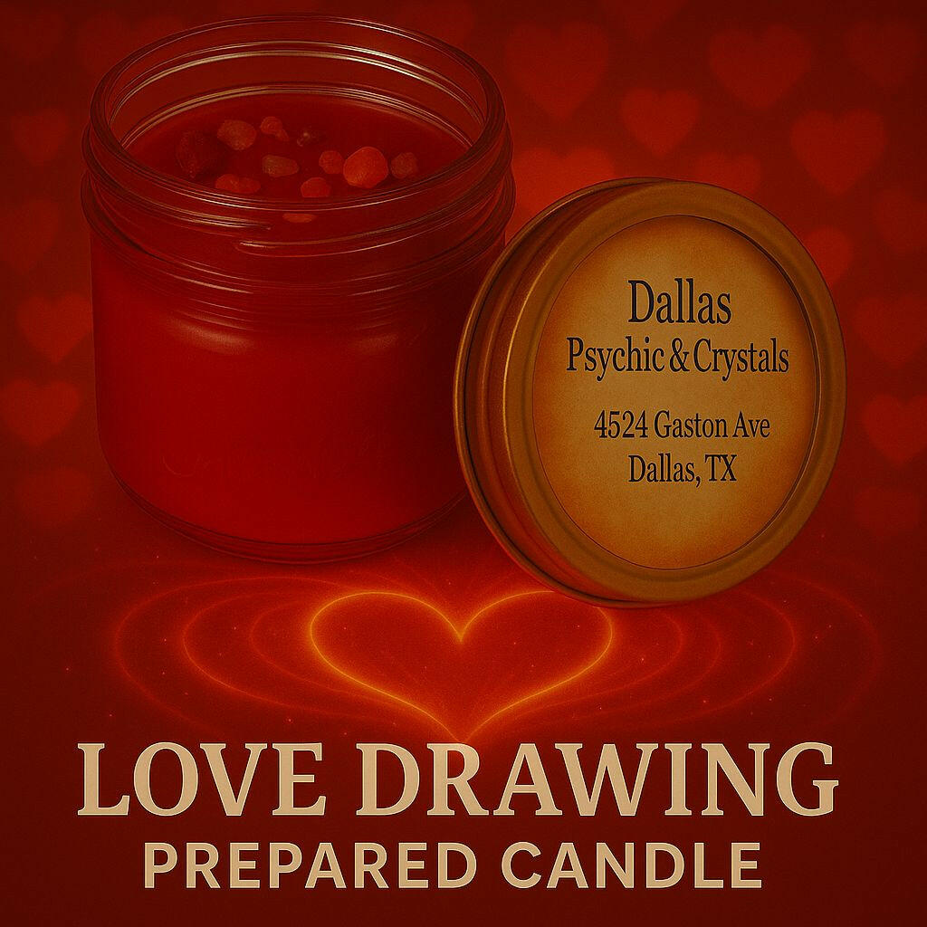 Red Love Drawing Prepared Candle in mason jar from Dallas Psychic & Crystals, infused with rose petals and love-charged crystals, used to attract romantic energy, self-love, and passion.CRYSTALS