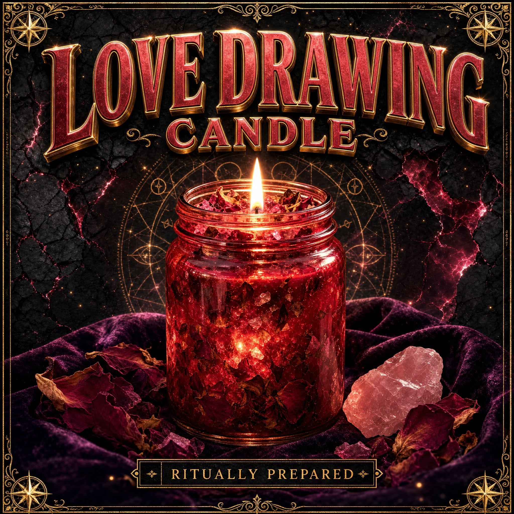 Prepared love drawing candle in red wax, dressed with herbs and oils for love and attraction work.