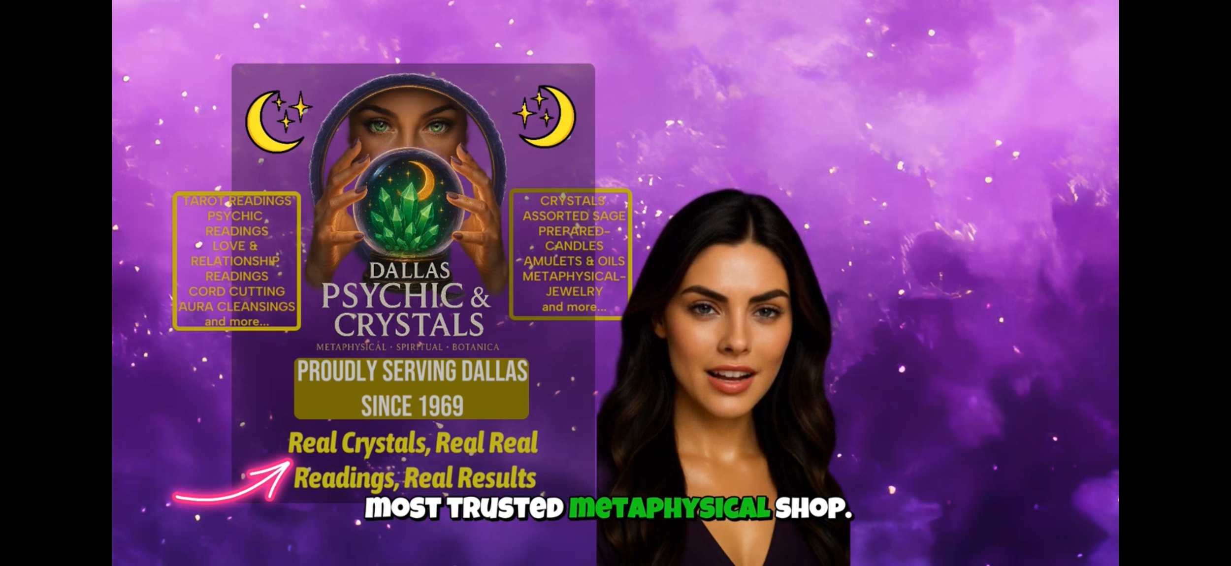 HeyGen avatar video introducing Dallas Psychic & Crystals, sharing the shop’s legacy of healing, clarity, and transformation since 1969. The avatar invites viewers to experience real crystals, real readings, real results, and personalized guidance—available in-person and virtually—from Dallas Psychic & Crystals.