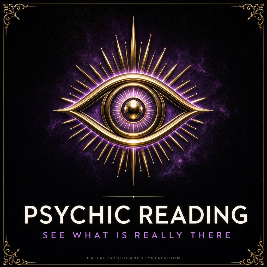 Psychic Reading emblem: a gold third eye with radiating rays, framed in gold on deep black, captioned see what is really there.