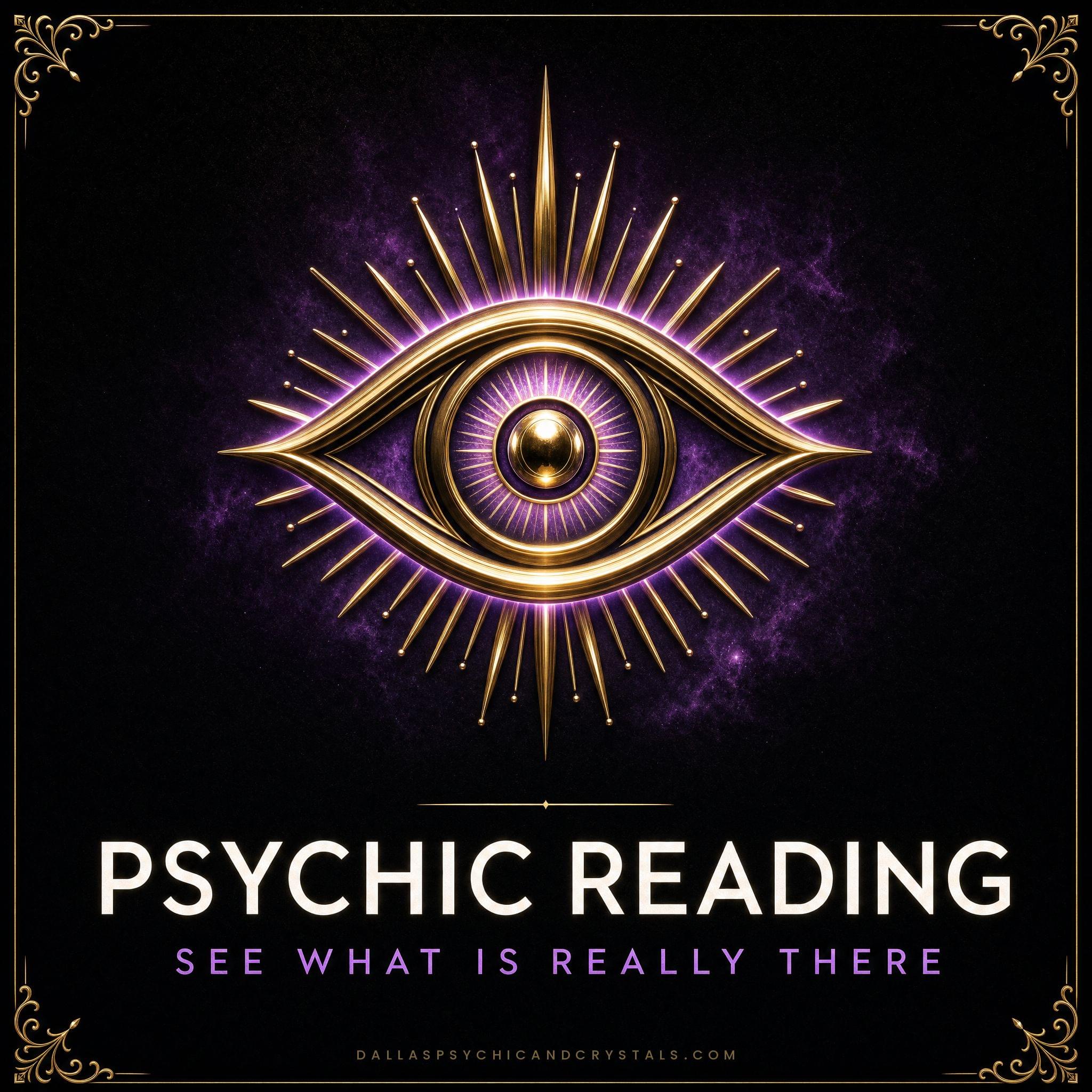 Psychic Reading emblem: a gold third eye with radiating rays, framed in gold on deep black, captioned see what is really there.