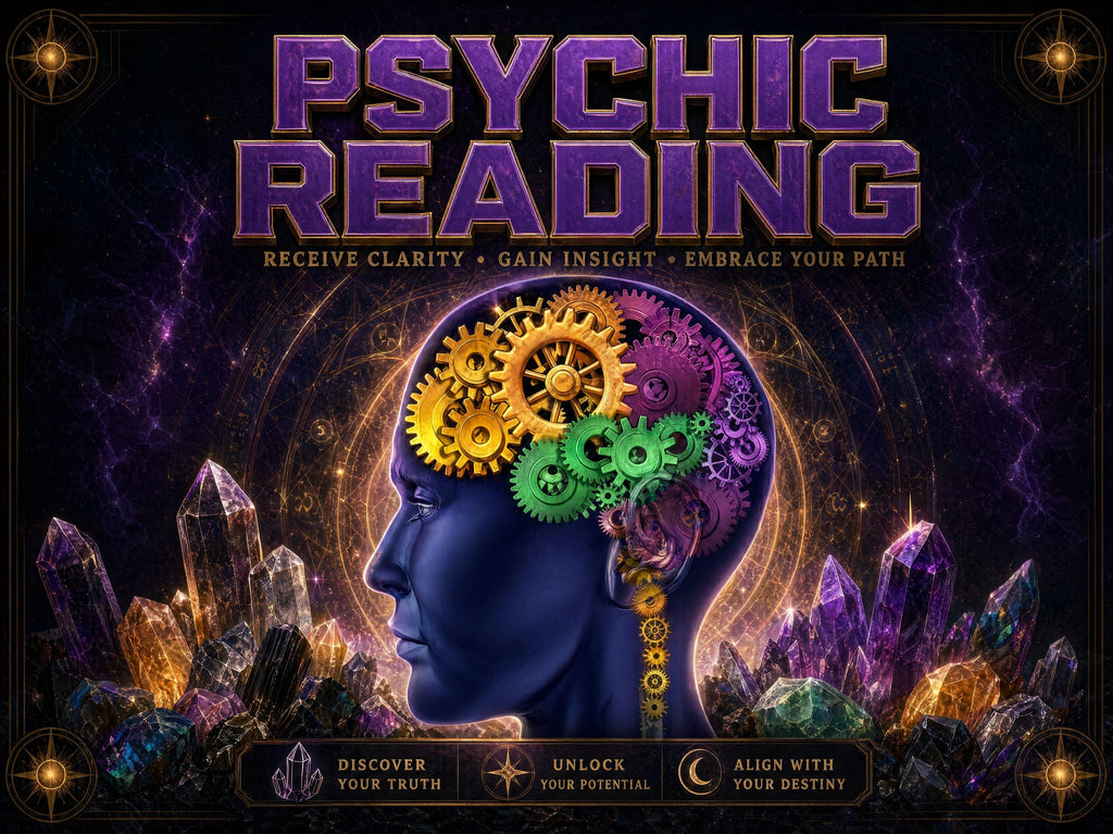 Psychic reading banner showing a blue profile silhouette with glowing gears inside the head, set over purple crystals on a dark cosmic background.