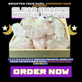 A wooden tray filled with raw Clear Quartz crystal points, glowing softly against a mystical black background with moon and star accents. The text overlay reads: “Clear Quartz Rough Points – Amplify your intentions with pure, radiant energy” followed by a glowing purple “Order Now” button. DALLAS PSYCHIC AND CRYSTALS