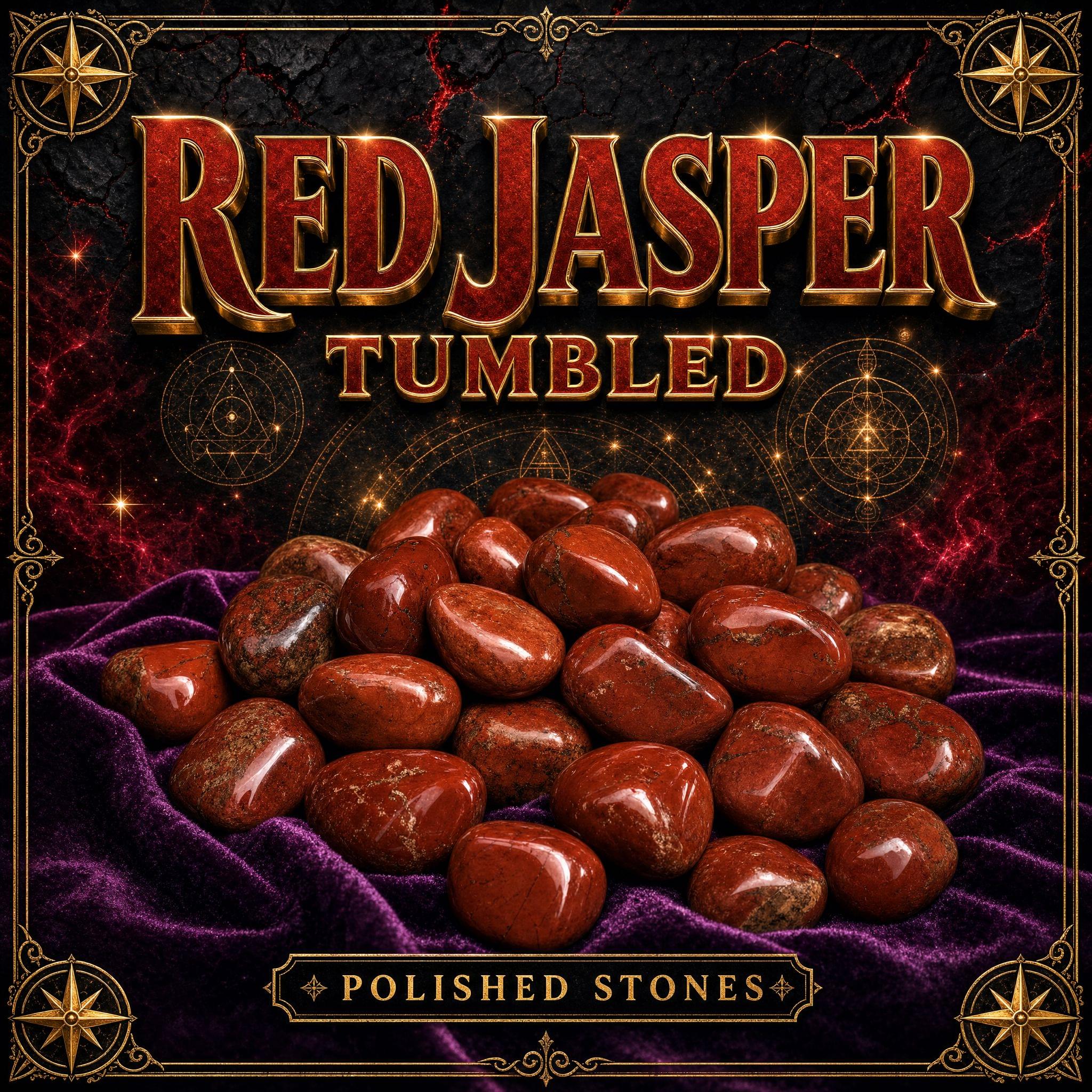 Tumbled red jasper stones in opaque brick red and deep rust with subtle earthy mottling.
