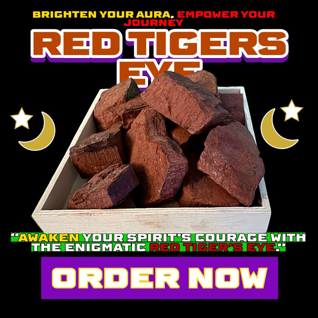 Rough Red Tiger’s Eye crystals in display box – grounding stone for courage, motivation, root chakra healing, and manifestation support. Available at Dallas Psychic & Crystals.