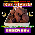 Rough Red Tiger’s Eye crystals in display box – grounding stone for courage, motivation, root chakra healing, and manifestation support. Available at Dallas Psychic & Crystals.
