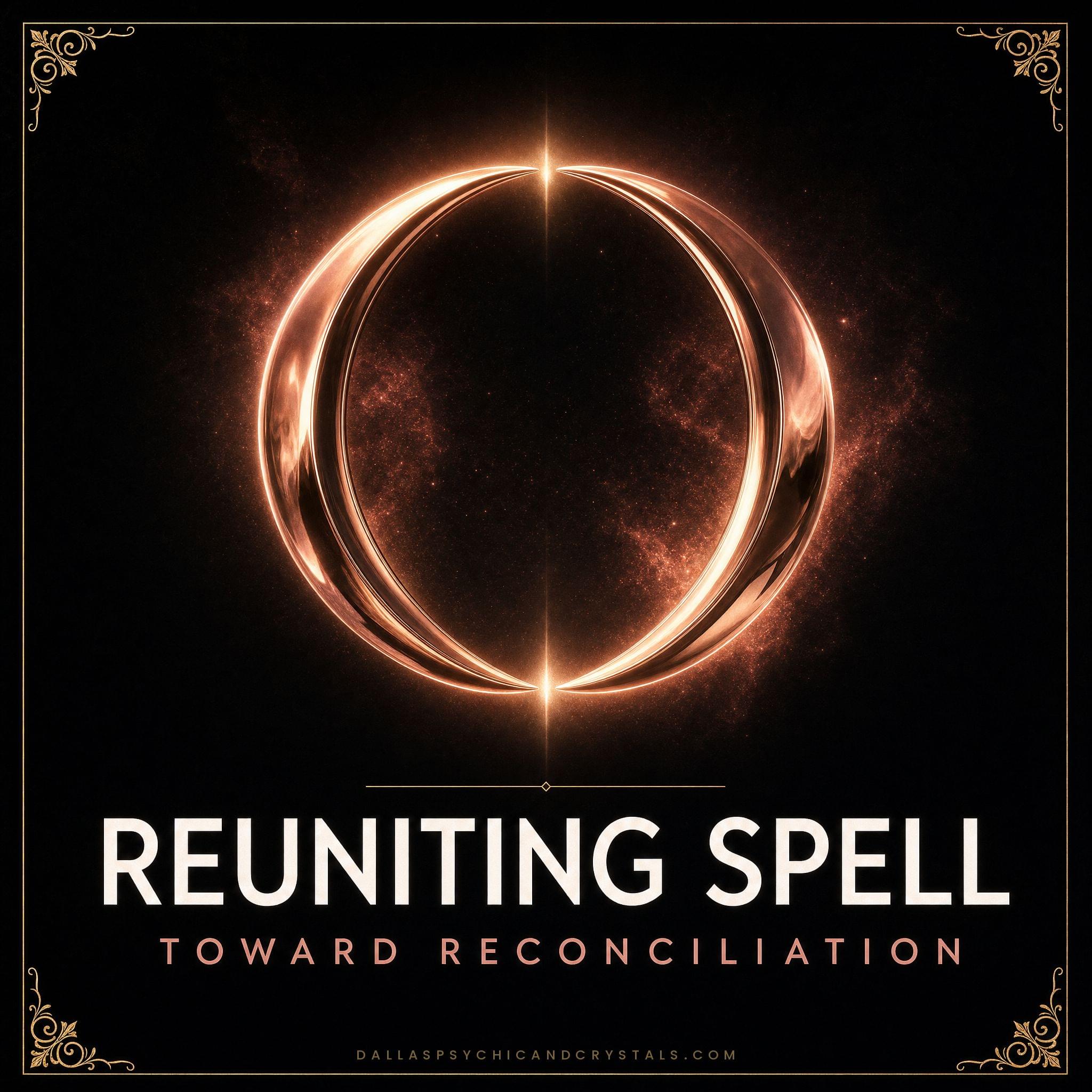 Reuniting Spell emblem: two rose gold crescents drawing together to form one circle with light between them, framed in gold on deep black, captioned toward reconciliation.
