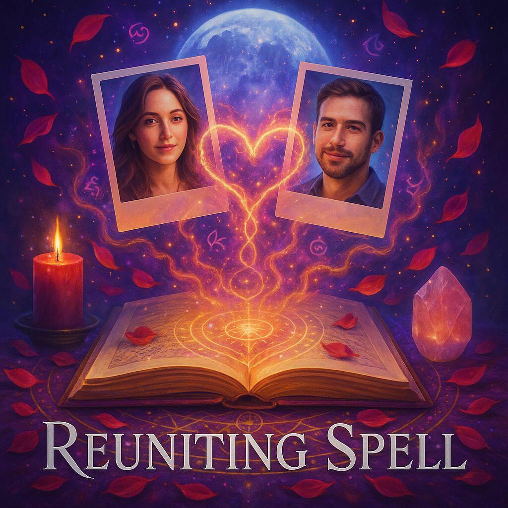 Reuniting spell artwork with two framed portraits joined by a glowing heart of light rising from an open spell book, with red candle, rose petals and crystals.