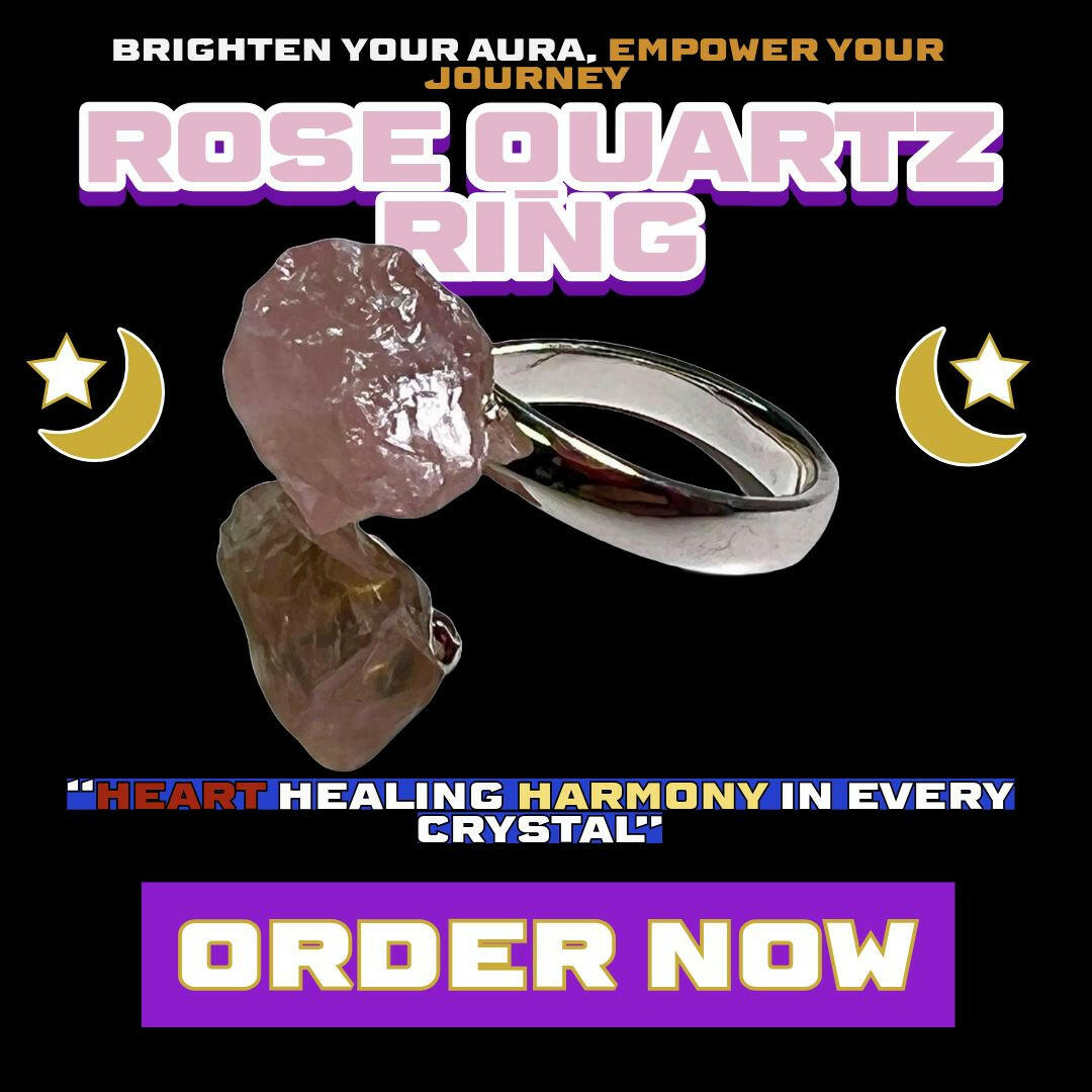 Rose Quartz crystal ring with raw stone and silver adjustable band – heart chakra healing, emotional balance, and love attraction jewelry from Dallas Psychic & Crystals.