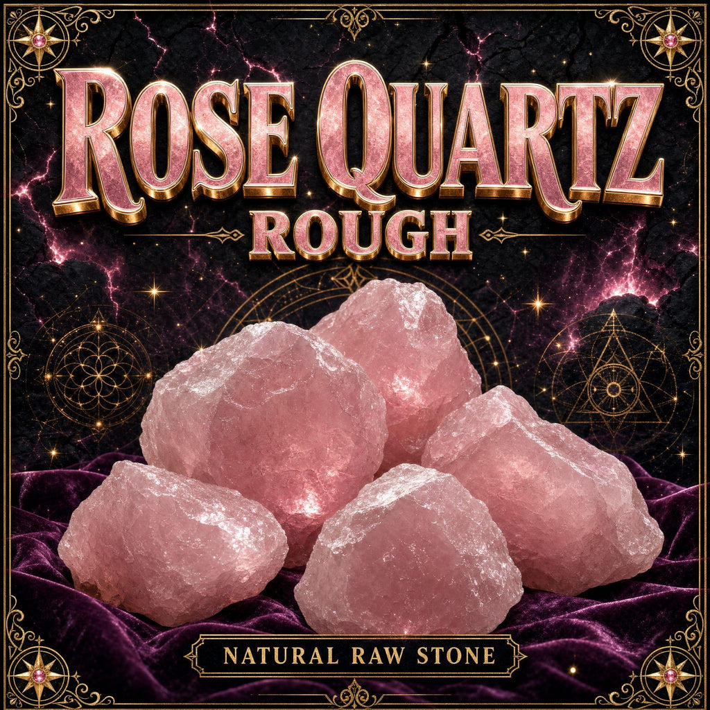 Chunks of rough rose quartz in soft milky pink with the frosted, uneven surface of uncut stone.