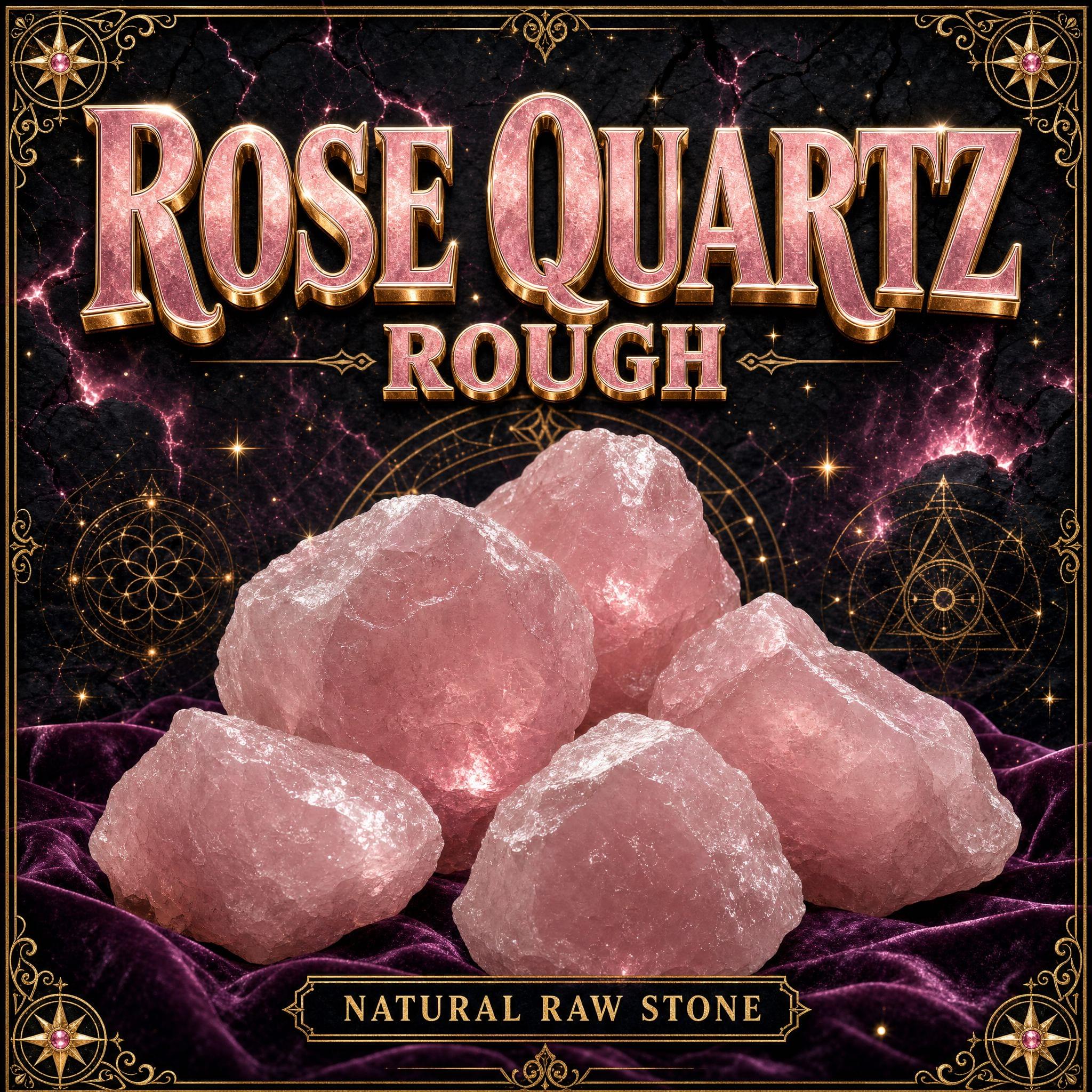Chunks of rough rose quartz in soft milky pink with the frosted, uneven surface of uncut stone.
