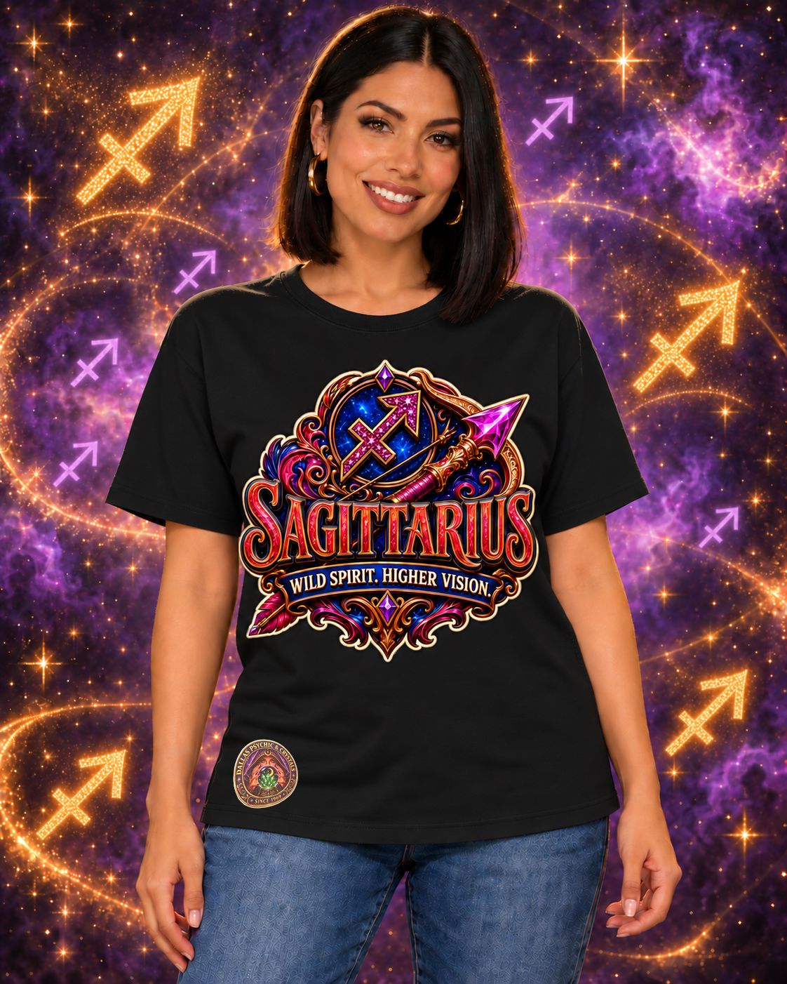 Black Sagittarius zodiac crew-neck T-shirt, front view with “Wild Spirit. Higher Vision.” artwork; AI-generated preview.