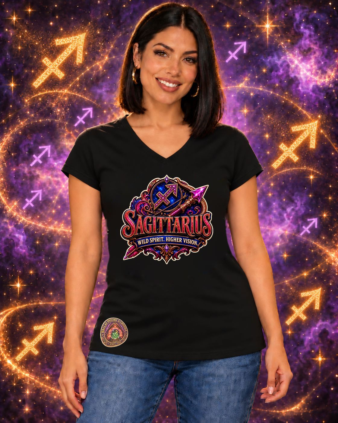 Black Sagittarius zodiac women's V-neck T-shirt, front view with “Wild Spirit. Higher Vision.” artwork; AI-generated preview.