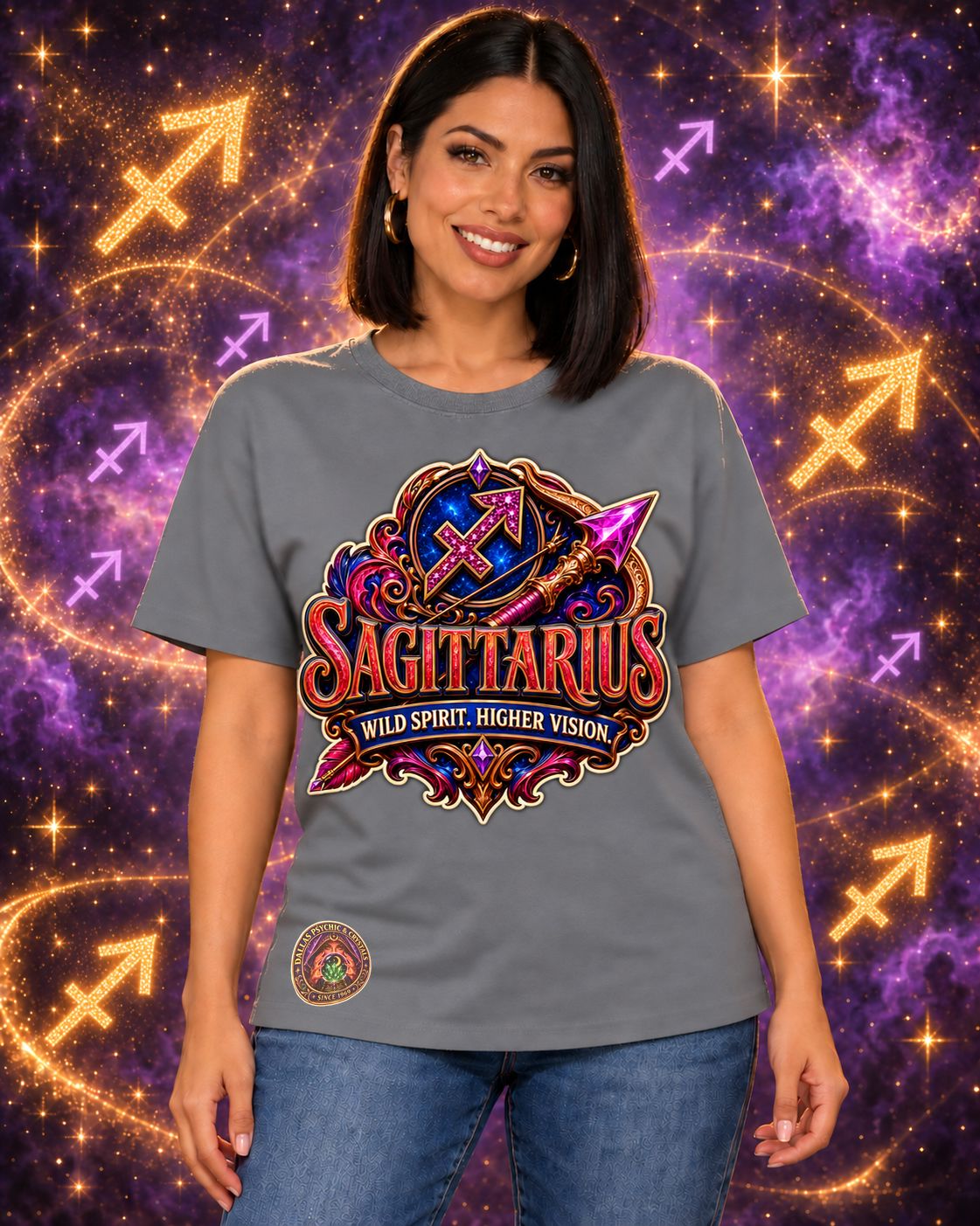 Grey Sagittarius zodiac crew-neck T-shirt, front view with “Wild Spirit. Higher Vision.” artwork; AI-generated preview.