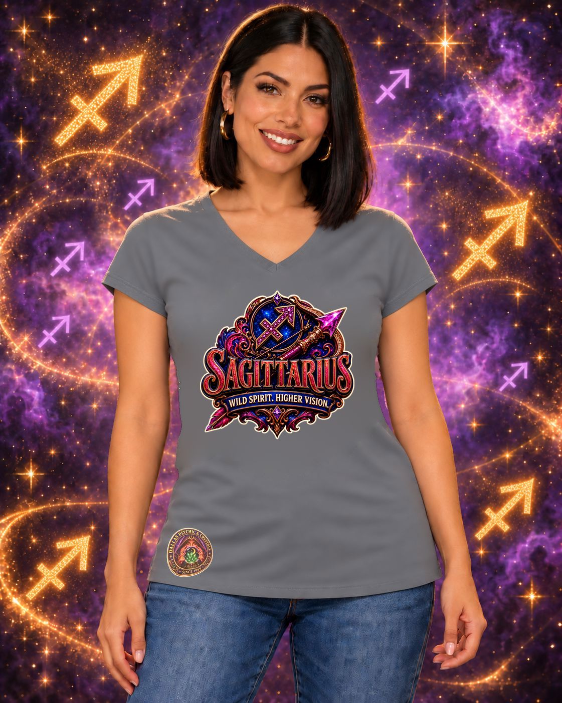 Grey Sagittarius zodiac women's V-neck T-shirt, front view with “Wild Spirit. Higher Vision.” artwork; AI-generated preview.