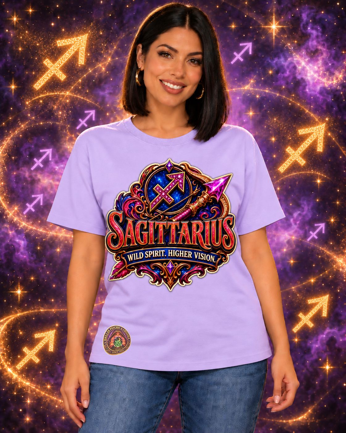 Lavender Sagittarius zodiac crew-neck T-shirt, front view with “Wild Spirit. Higher Vision.” artwork; AI-generated preview.