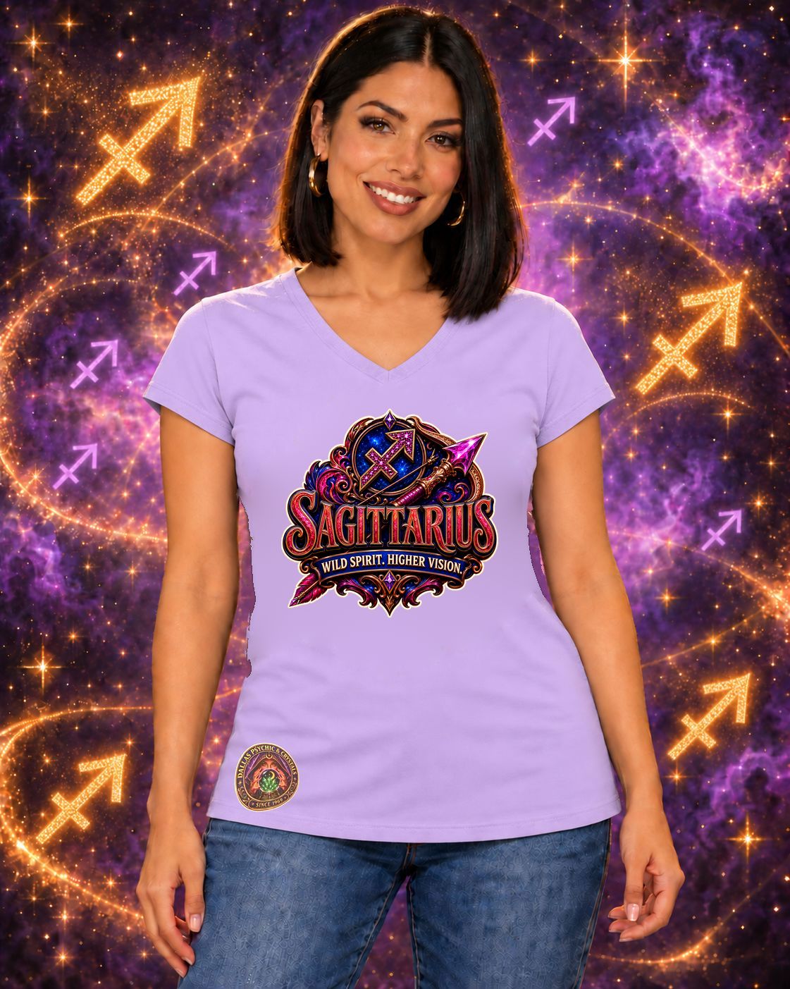 Lavender Sagittarius zodiac women's V-neck T-shirt, front view with “Wild Spirit. Higher Vision.” artwork; AI-generated preview.