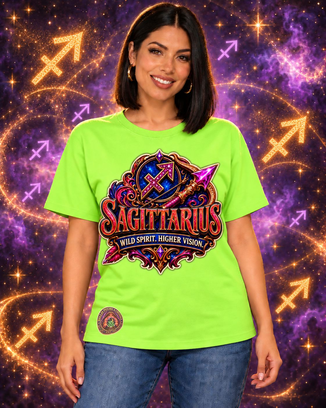Lime Green Sagittarius zodiac crew-neck T-shirt, front view with “Wild Spirit. Higher Vision.” artwork; AI-generated preview.