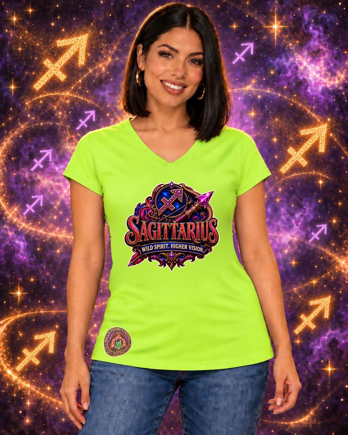 Lime Green Sagittarius zodiac women's V-neck T-shirt, front view with “Wild Spirit. Higher Vision.” artwork; AI-generated preview.