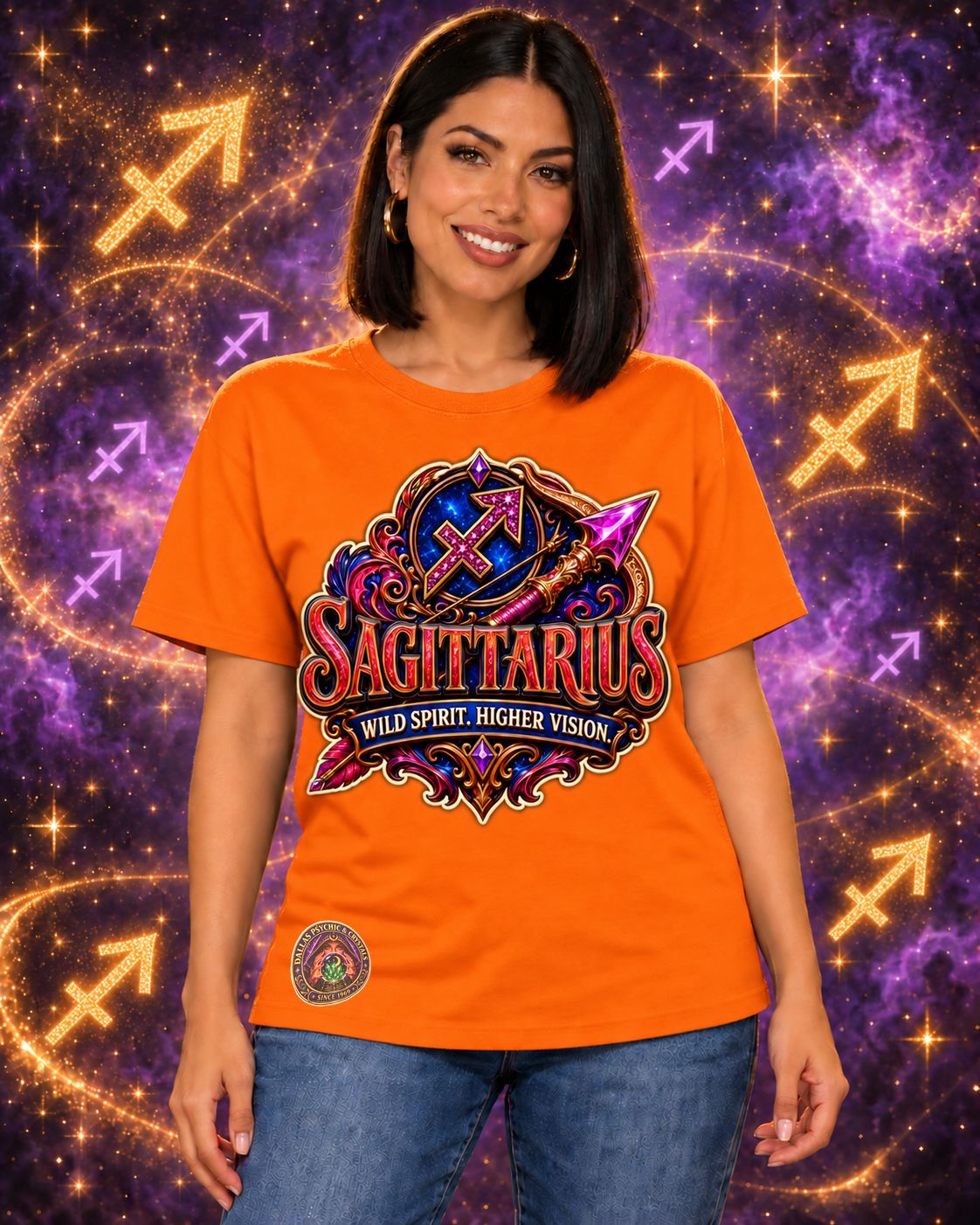 Orange Sagittarius zodiac crew-neck T-shirt, front view with “Wild Spirit. Higher Vision.” artwork; AI-generated preview.