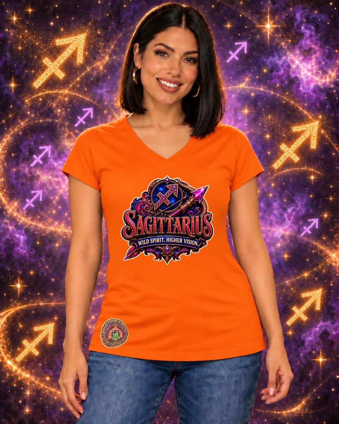 Orange Sagittarius zodiac women's V-neck T-shirt, front view with “Wild Spirit. Higher Vision.” artwork; AI-generated preview.
