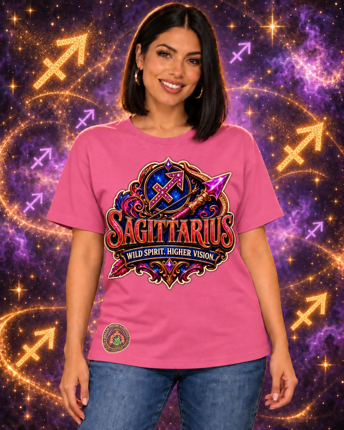 Pink Sagittarius zodiac crew-neck T-shirt, front view with “Wild Spirit. Higher Vision.” artwork; AI-generated preview.