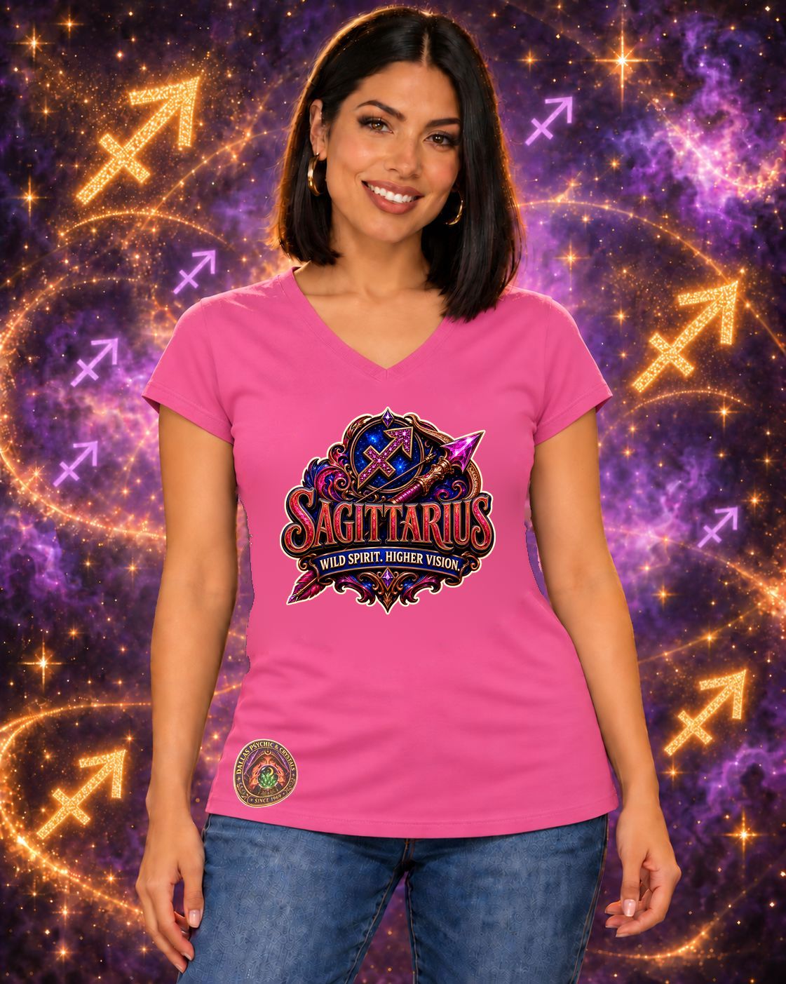 Pink Sagittarius zodiac women's V-neck T-shirt, front view with “Wild Spirit. Higher Vision.” artwork; AI-generated preview.