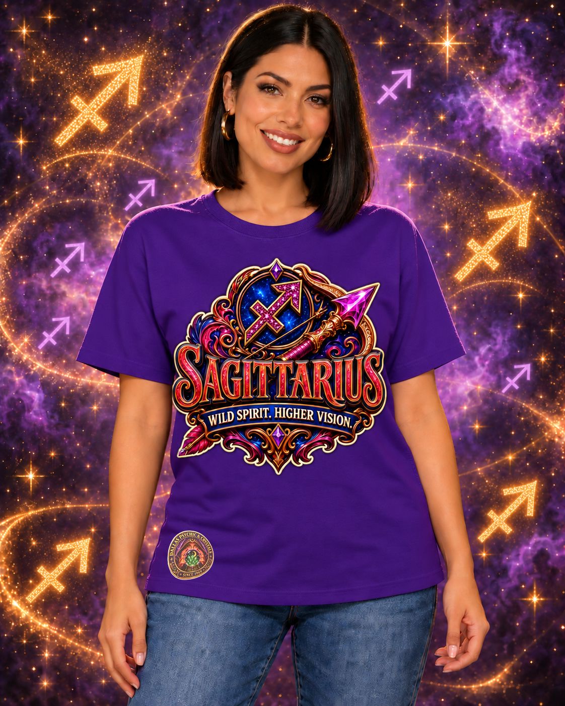 Purple Sagittarius zodiac crew-neck T-shirt, front view with “Wild Spirit. Higher Vision.” artwork; AI-generated preview.
