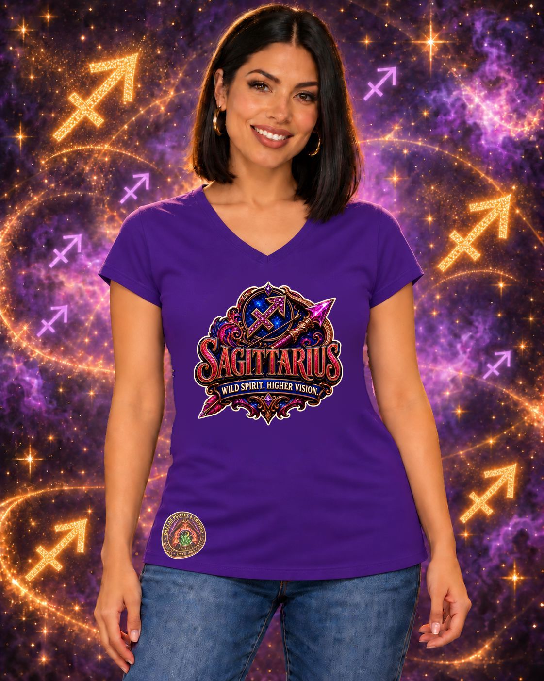 Purple Sagittarius zodiac women's V-neck T-shirt, front view with “Wild Spirit. Higher Vision.” artwork; AI-generated preview.