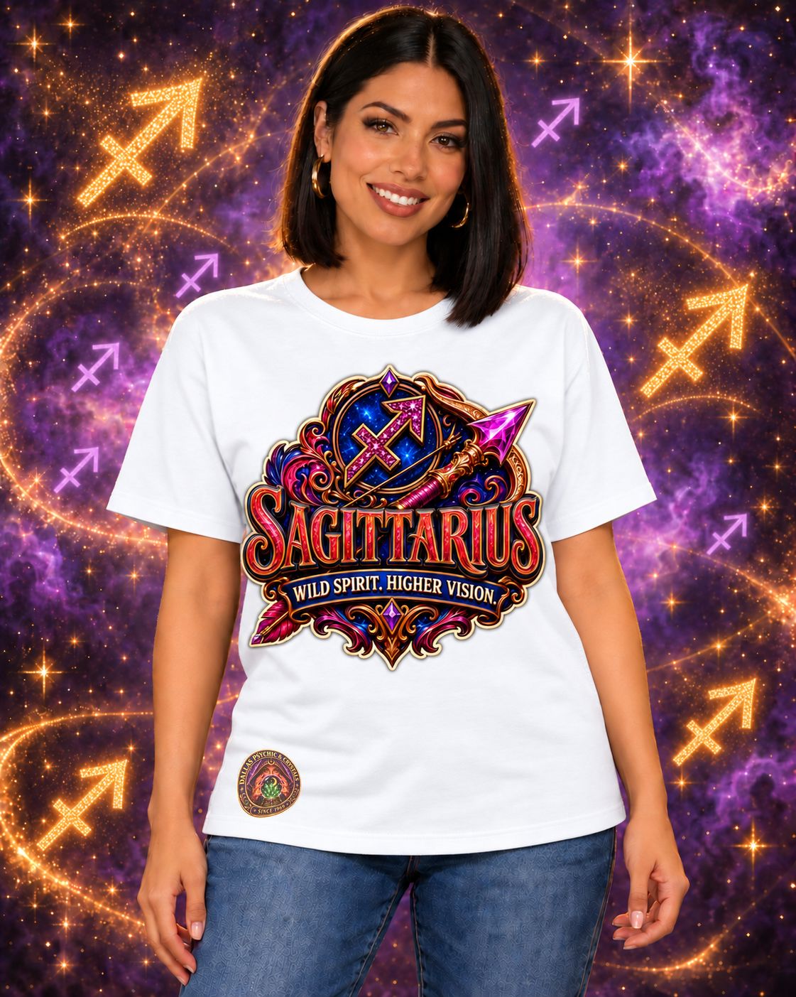 White Sagittarius zodiac crew-neck T-shirt, front view with “Wild Spirit. Higher Vision.” artwork; AI-generated preview.
