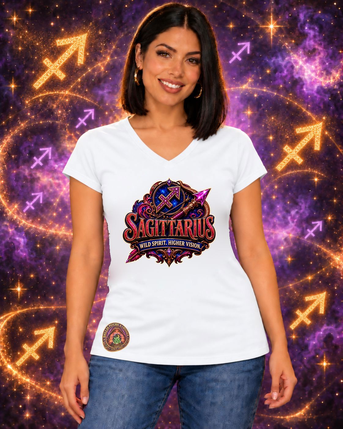 White Sagittarius zodiac women's V-neck T-shirt, front view with “Wild Spirit. Higher Vision.” artwork; AI-generated preview.