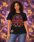 Black Scorpio zodiac crew-neck T-shirt, front view with “Mysterious by Nature” artwork; AI-generated preview.