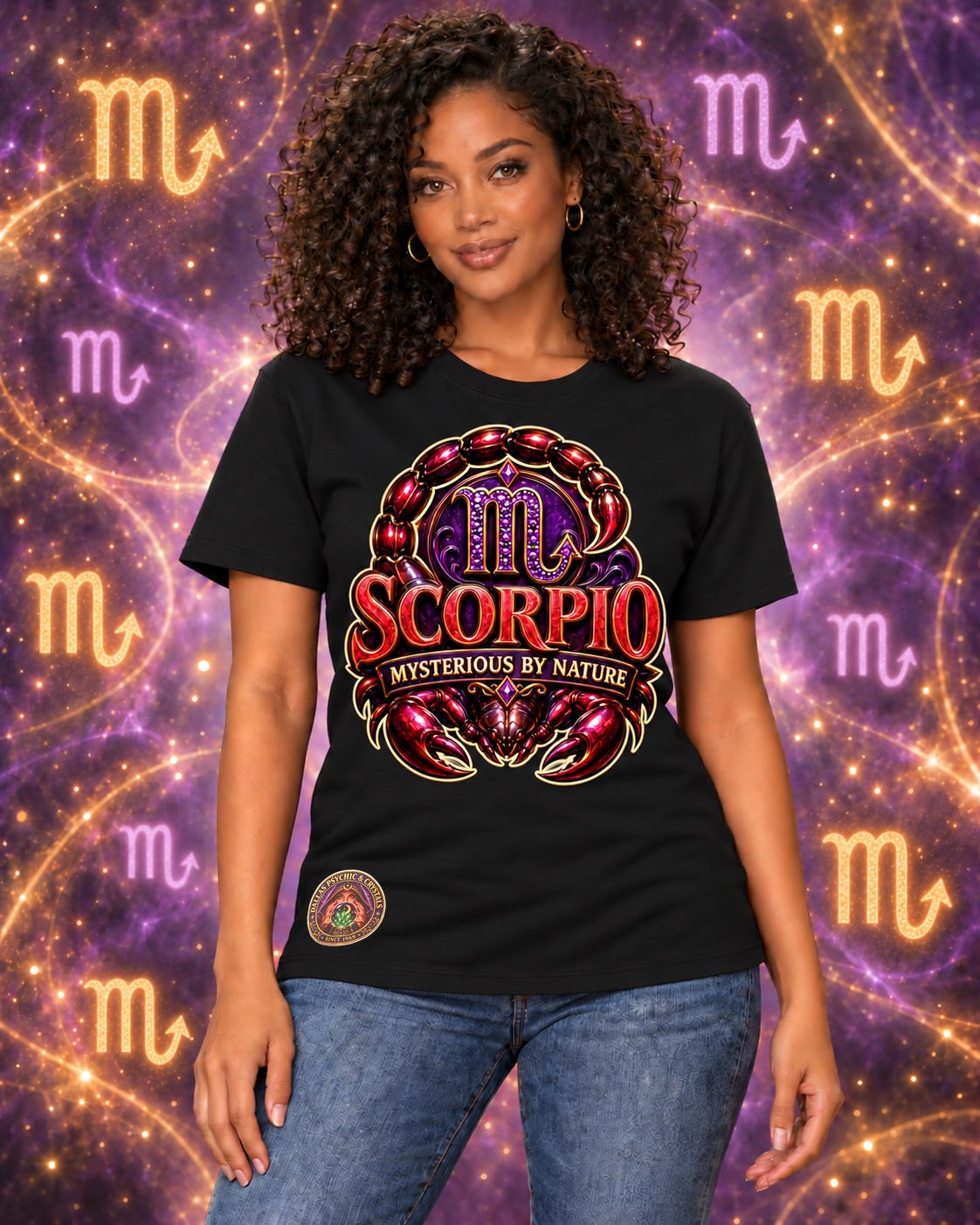 Black Scorpio zodiac crew-neck T-shirt, front view with “Mysterious by Nature” artwork; AI-generated preview.