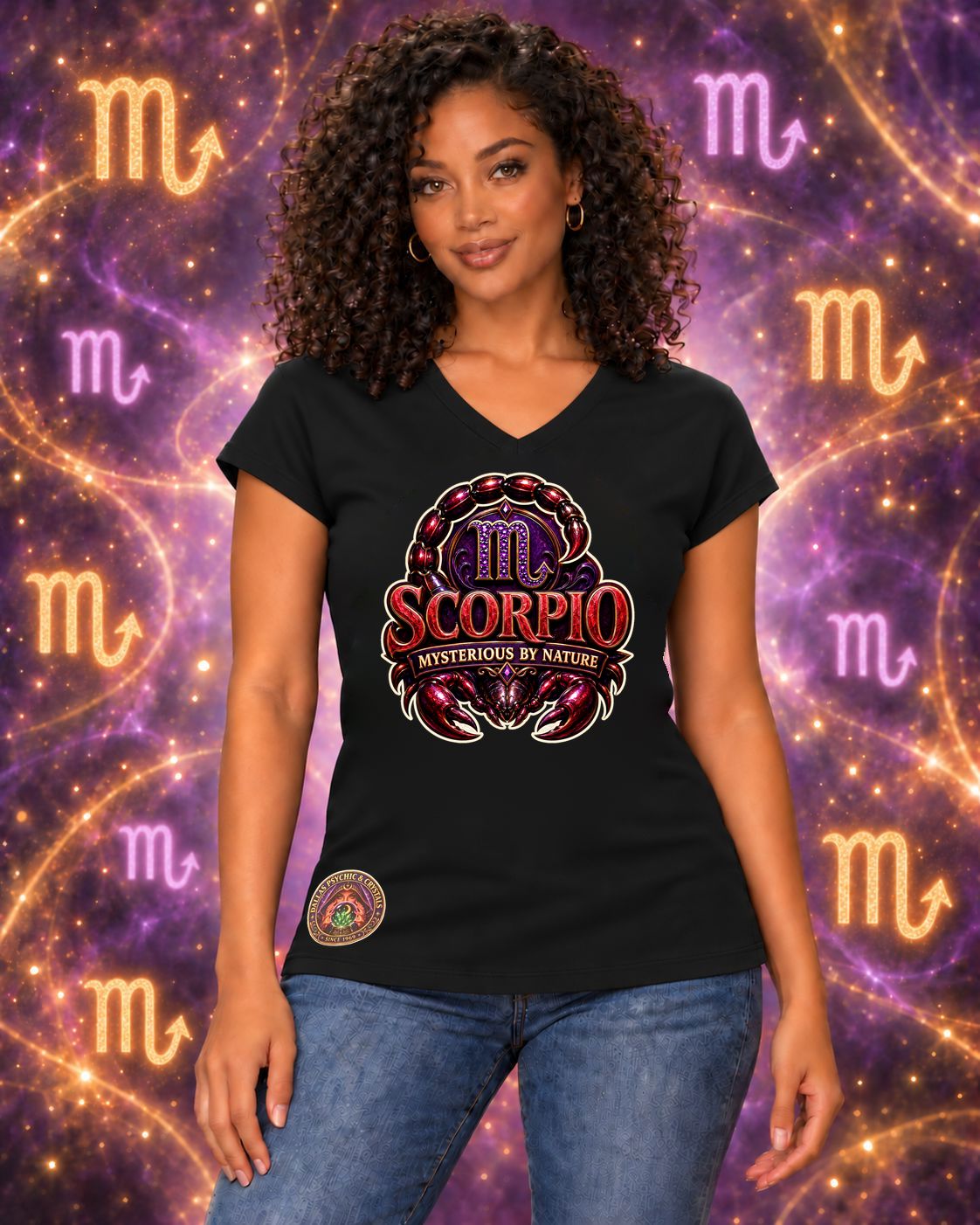 Black Scorpio zodiac women's V-neck T-shirt, front view with “Mysterious by Nature” artwork; AI-generated preview.
