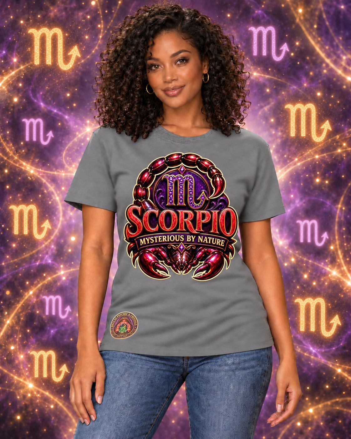 Grey Scorpio zodiac crew-neck T-shirt, front view with “Mysterious by Nature” artwork; AI-generated preview.