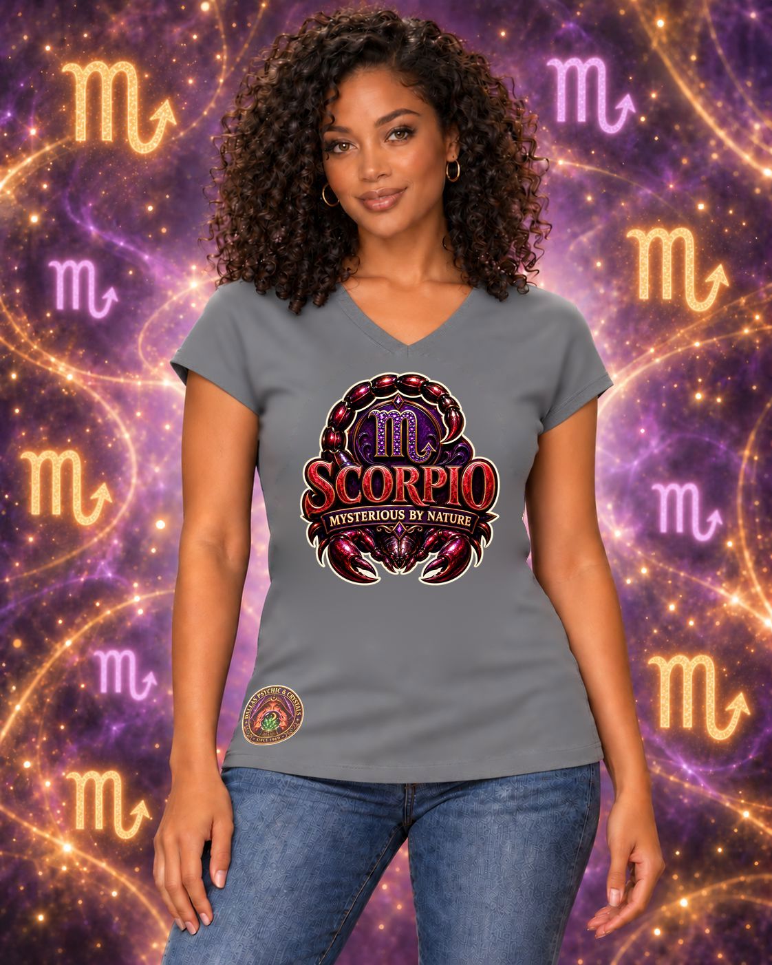 Grey Scorpio zodiac women's V-neck T-shirt, front view with “Mysterious by Nature” artwork; AI-generated preview.