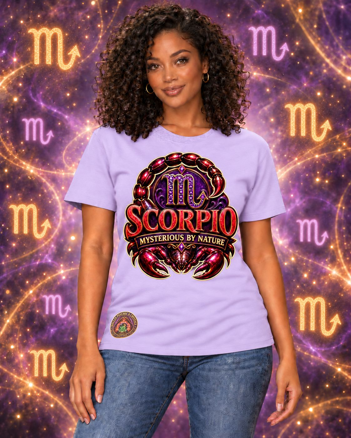 Lavender Scorpio zodiac crew-neck T-shirt, front view with “Mysterious by Nature” artwork; AI-generated preview.