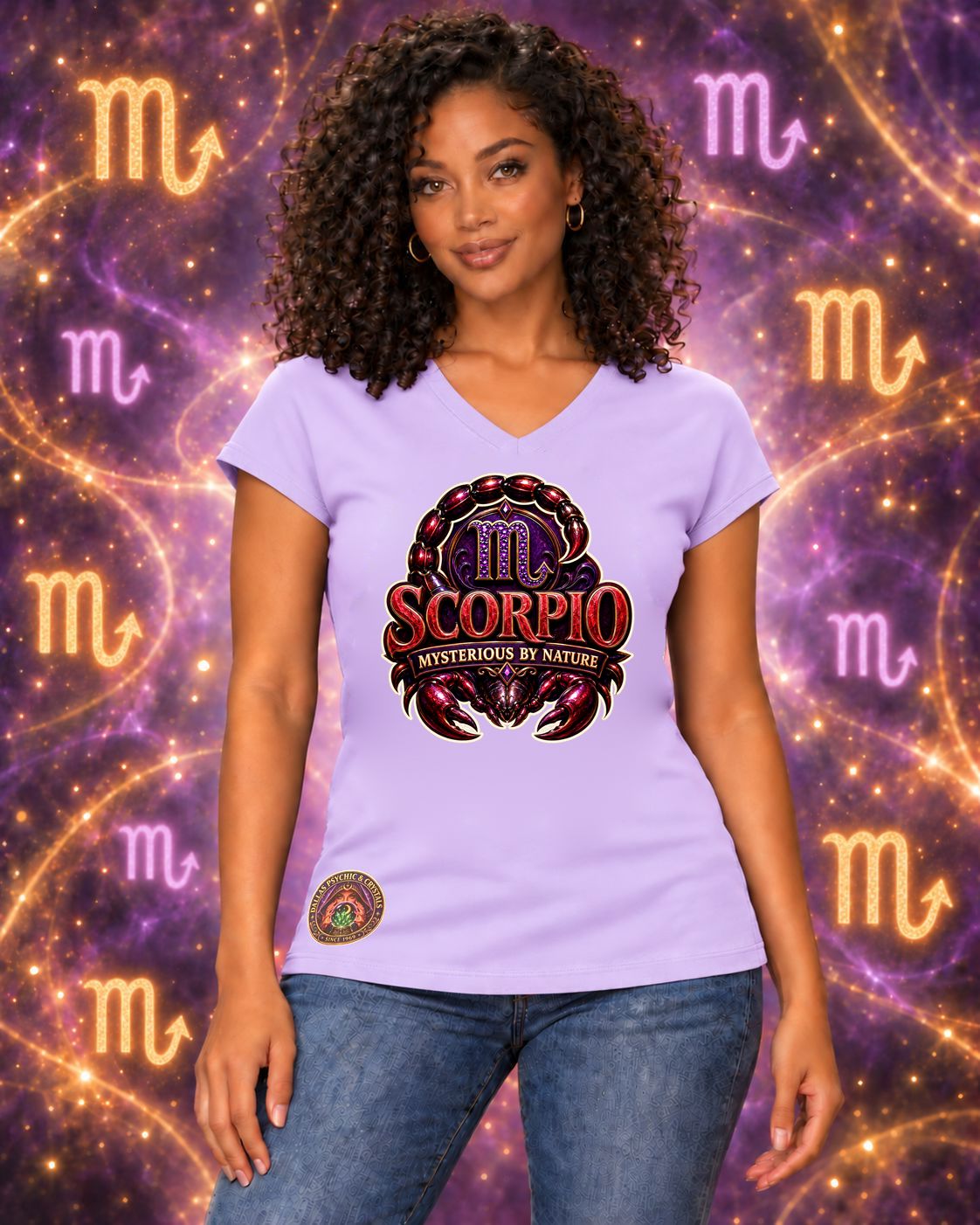 Lavender Scorpio zodiac women's V-neck T-shirt, front view with “Mysterious by Nature” artwork; AI-generated preview.