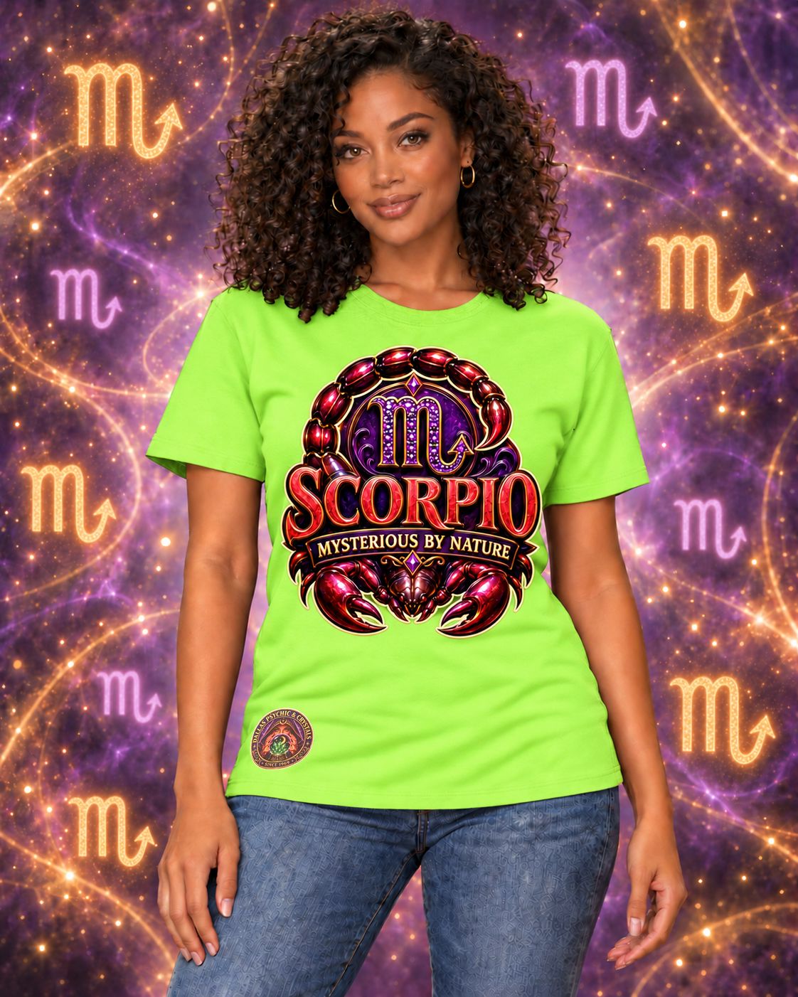 Lime Green Scorpio zodiac crew-neck T-shirt, front view with “Mysterious by Nature” artwork; AI-generated preview.