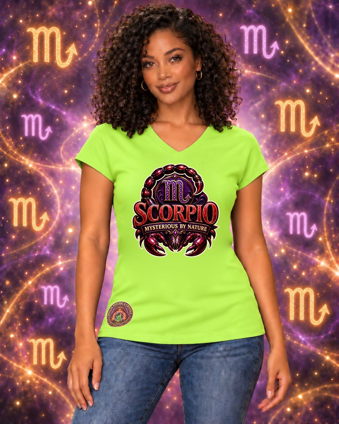 Lime Green Scorpio zodiac women's V-neck T-shirt, front view with “Mysterious by Nature” artwork; AI-generated preview.